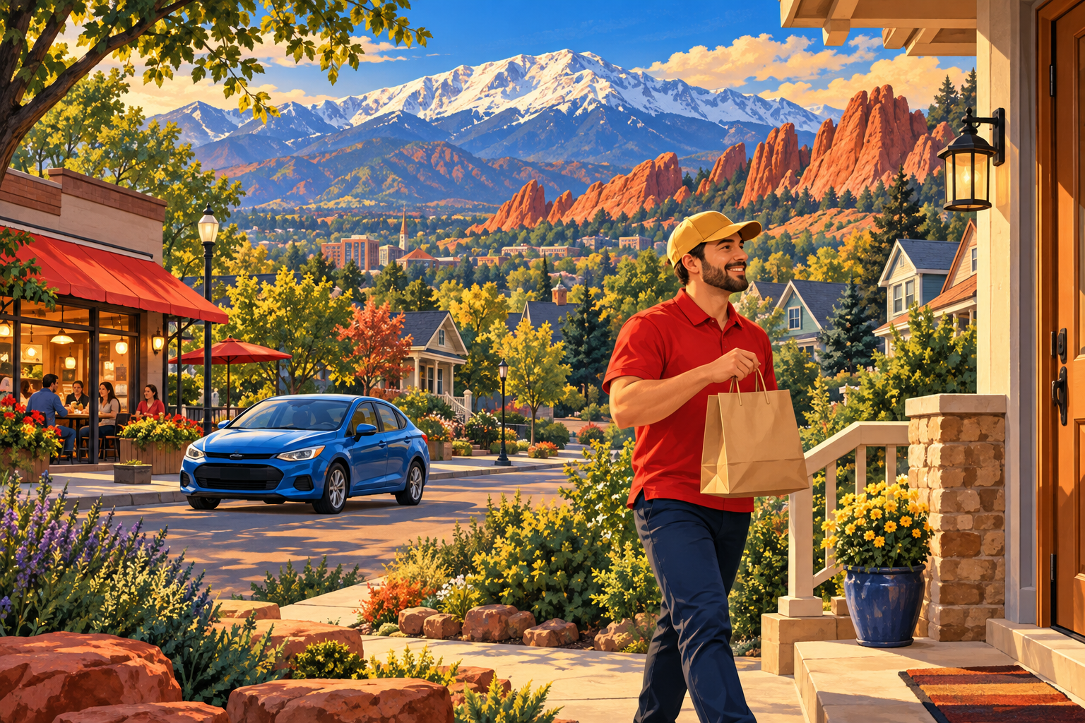 Illustration of a local courier bringing a carryout bag to a Colorado Springs doorstep, with mountain scenery behind him